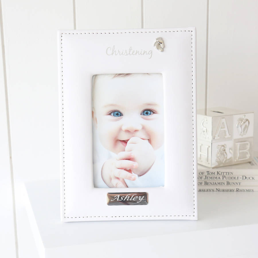 engraved white christening photo frame by my 1st years