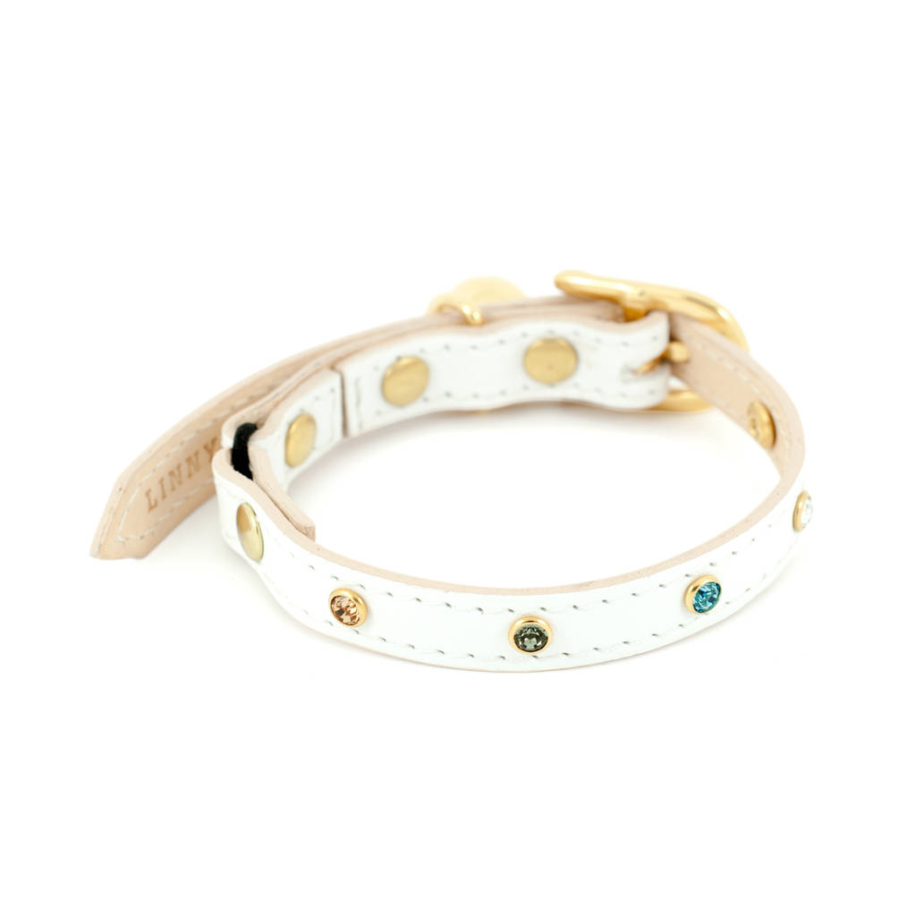 white leather cat collar with multicoloured crystals by linny