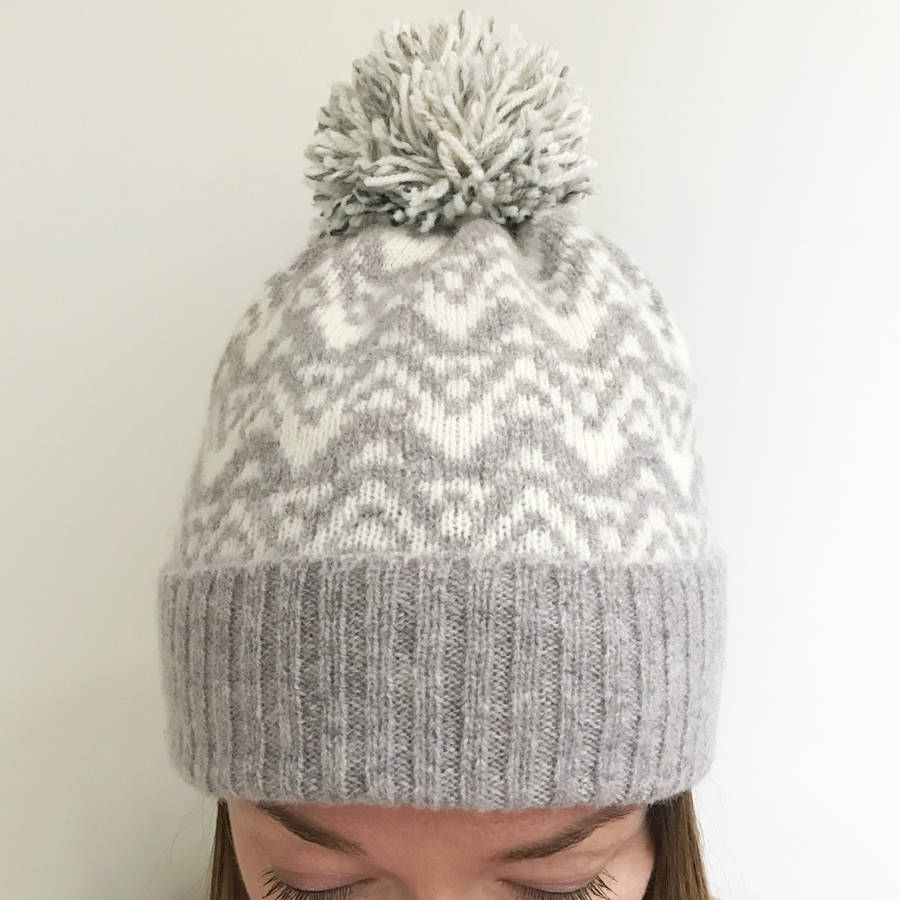 ladies lambswool knitted bobble hat waves pattern by