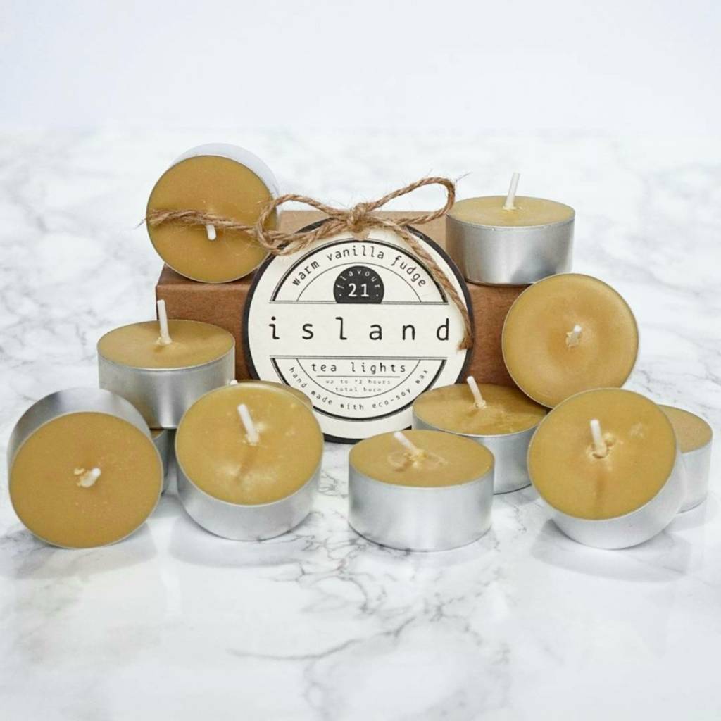 warm vanilla fudge scented soy tea lights by island