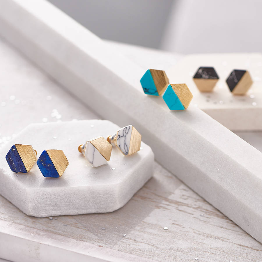 hexagonal marble stone stud earrings by suzy q designs