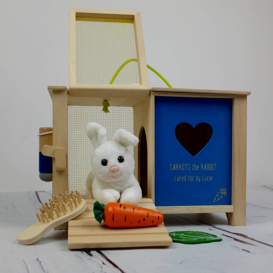 personalised rabbit hutch toy with accessories by auntie mims