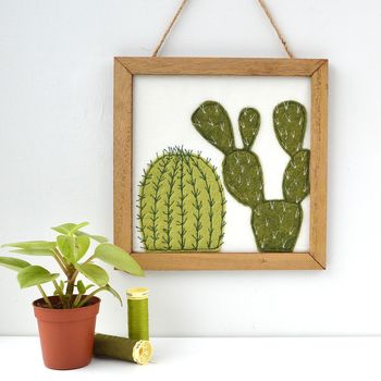 Embroidered Felt Cactus In Wooden Frame By Pins And Needles 