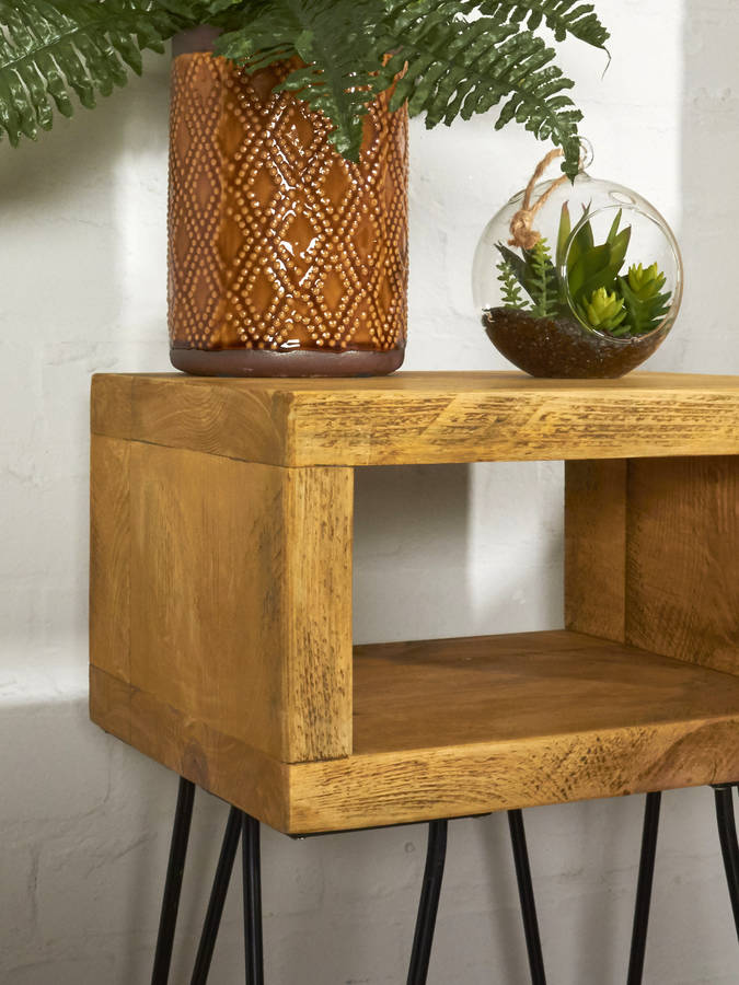 reclaimed scaffold bed side table hairpin legs by sunnyside interiors