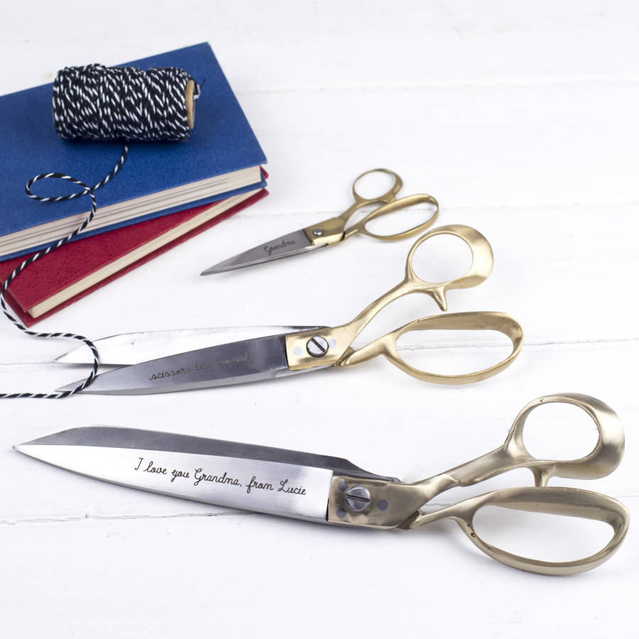personalised engraved medium or large brass scissors by auntie mims