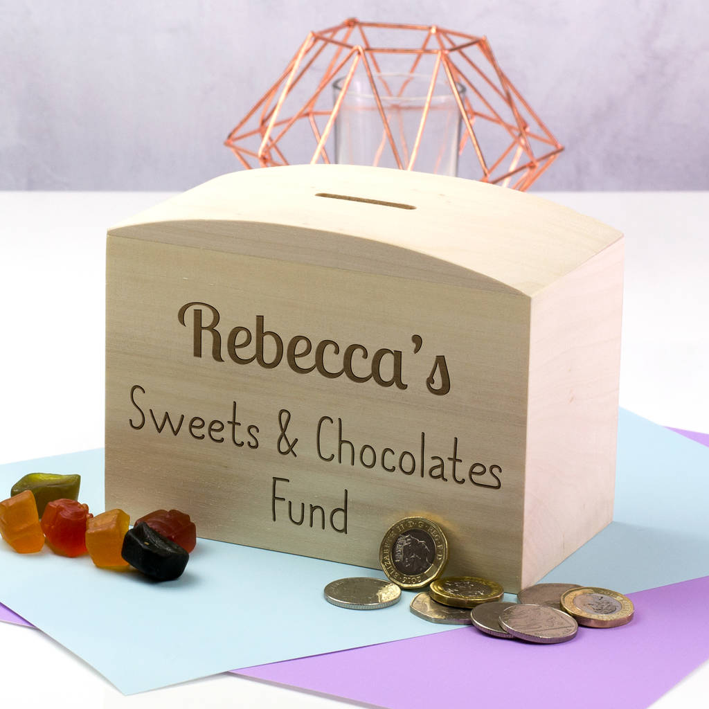 personalised sweets and chocolates fund money box by mirrorin