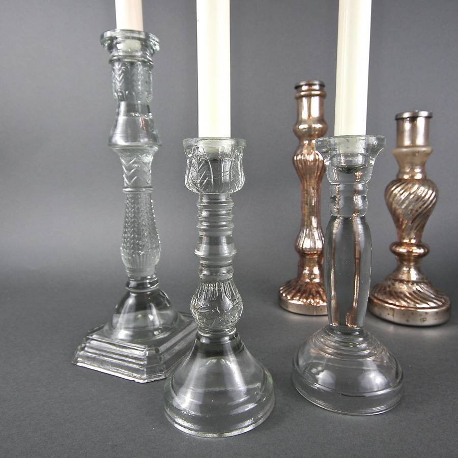 three pressed glass candlesticks one set in stock by london garden