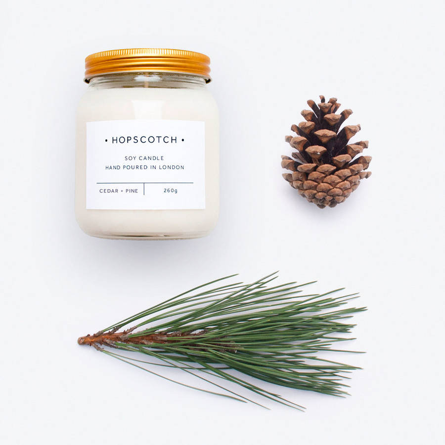 cedar and pine scented jar soy candle by hopscotch