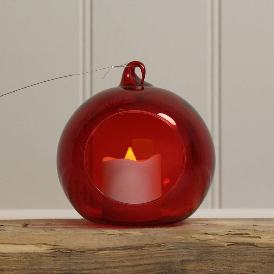 glass bauble hanging tealight holder / red by garden selections