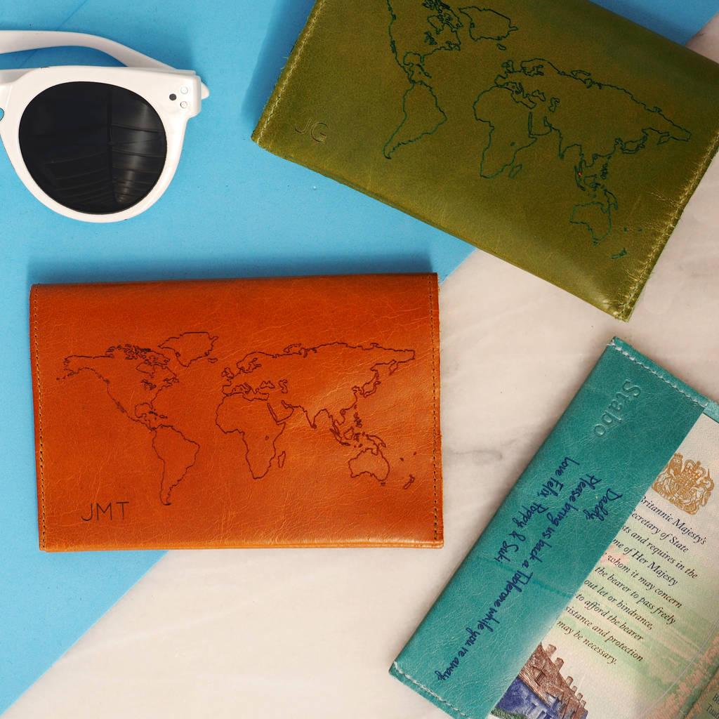 personalised leather passport holder with world map by stabo