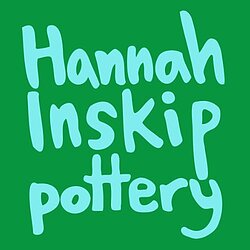 Hannah Inskip Pottery logo in pale blue on green background