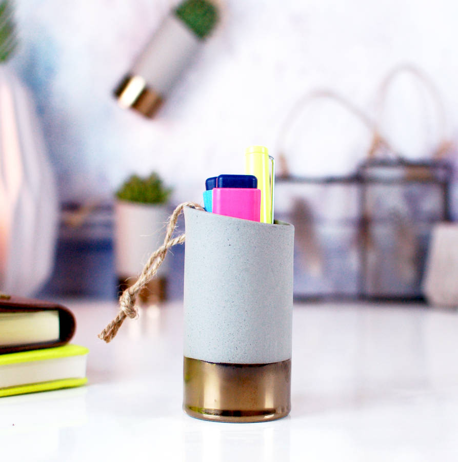 concrete gold brass hanging pen holder desk tidy by made with love