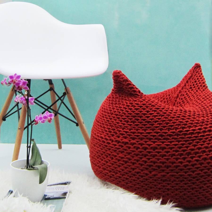 hand knitted plum bean bag by jessica lee