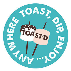 Toast'd logo on 2 marshmallows with chocolate & sprinkles with the cation 'Toast, Dip, Enjoy...Anywhere