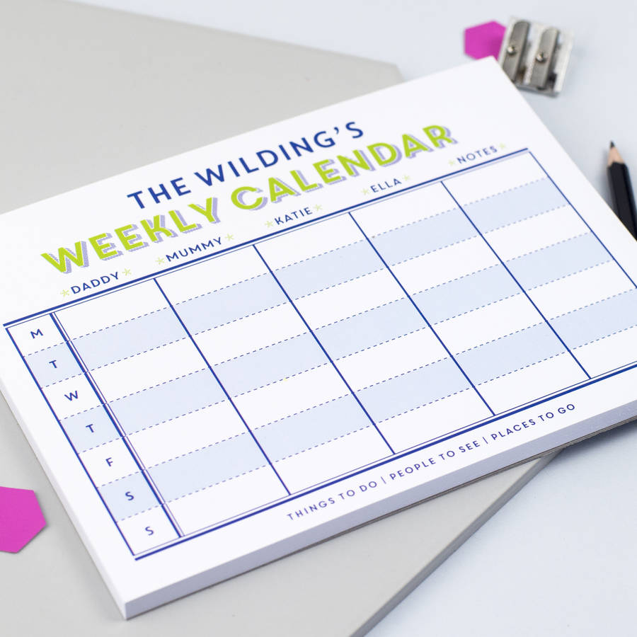 personalised family weekly calendar notepad by xoxo