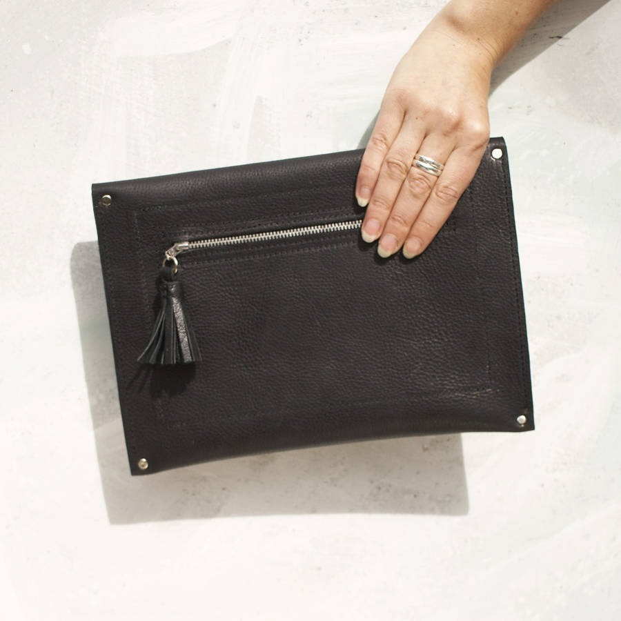 large black leather clutch bag