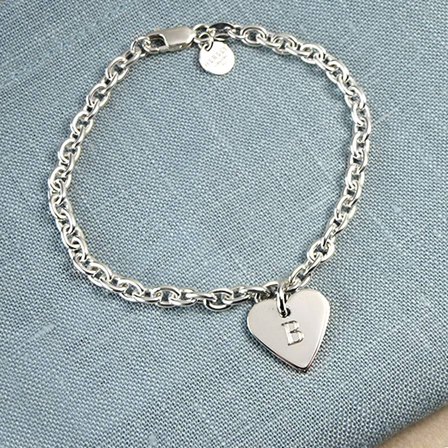 solid silver initial heart charm bracelet by hersey silversmiths | 0