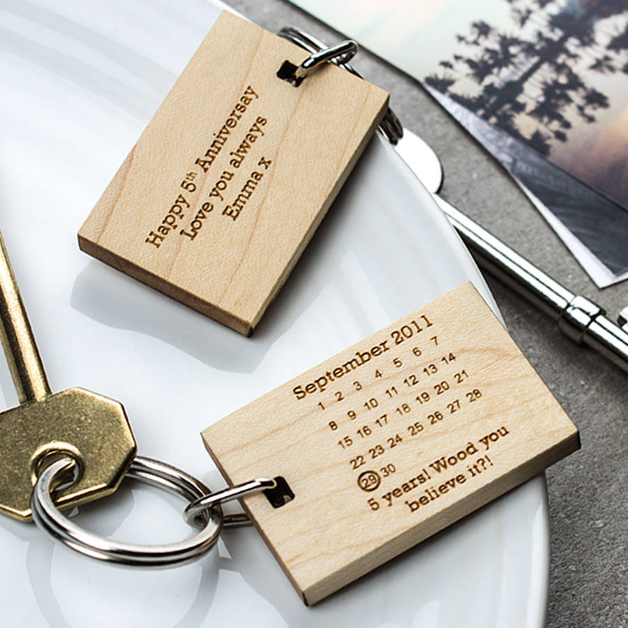 5th Anniversary Gifts
 personalised wooden t fifth anniversary keyring by