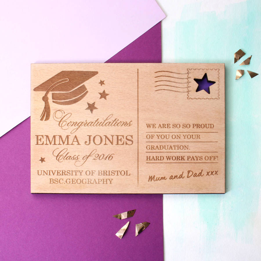 engraved wooden graduation post card by no ordinary gift company