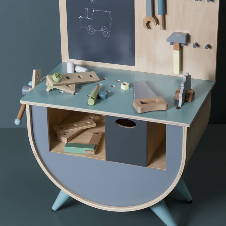 childs wooden work bench and tools
