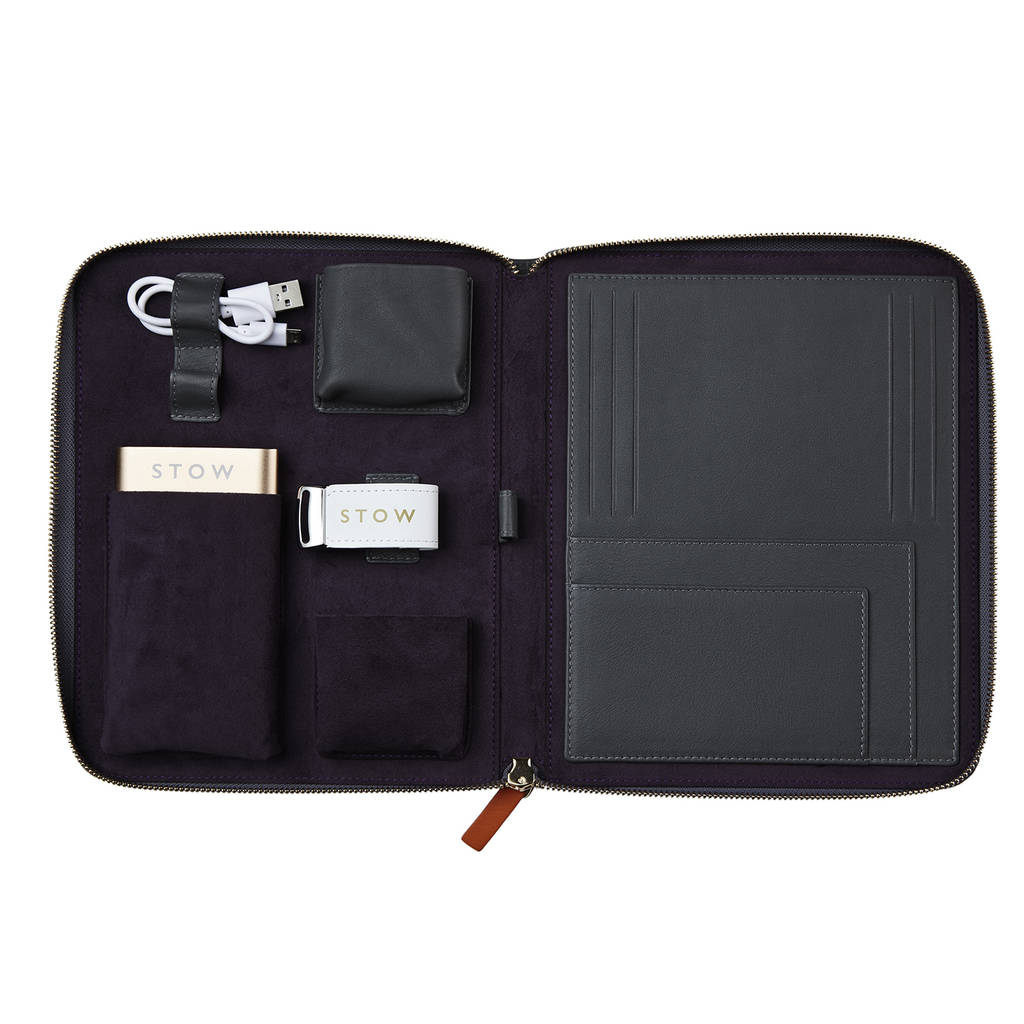 personalised luxury leather travel tech case for her by stow