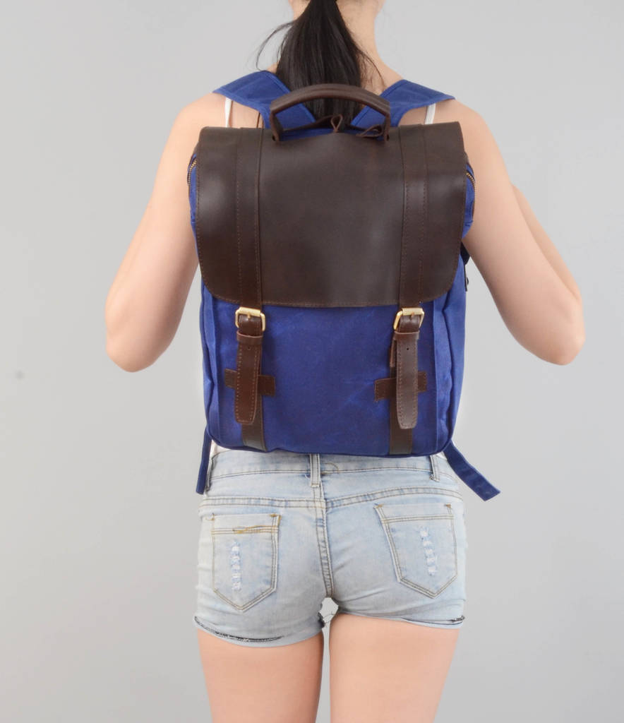 personalised waxed canvas and leather backpack by eazo