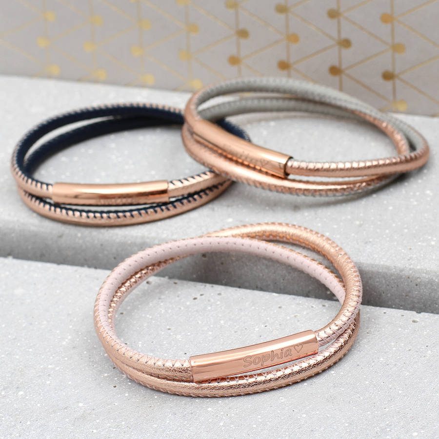 personalised rose gold and leather wrap bracelet by hurleyburley