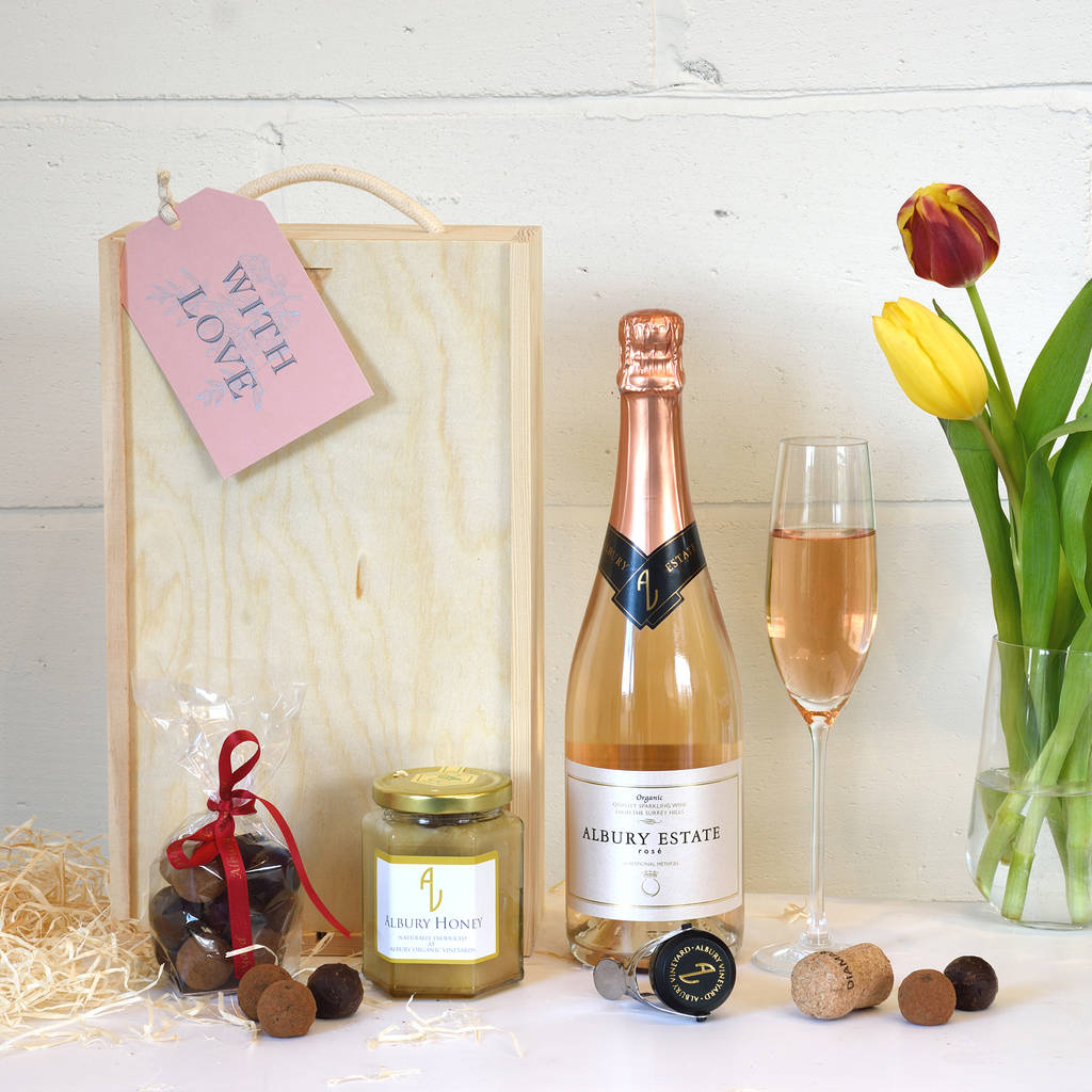 english sparkling wine gift box, honey and chocolates by albury organic