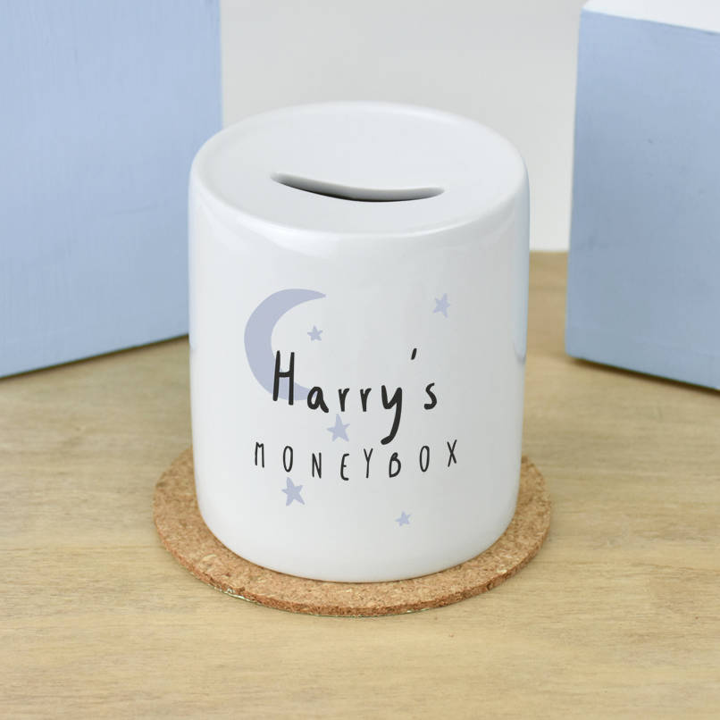 children's personalised moon and stars money box by ellie ellie