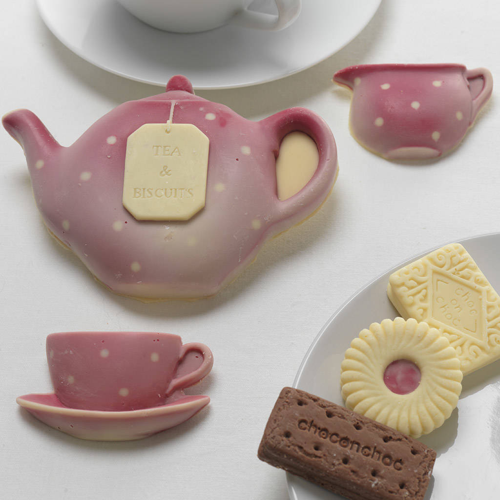 chocolate tea set with chocolate biscuits by choc on choc