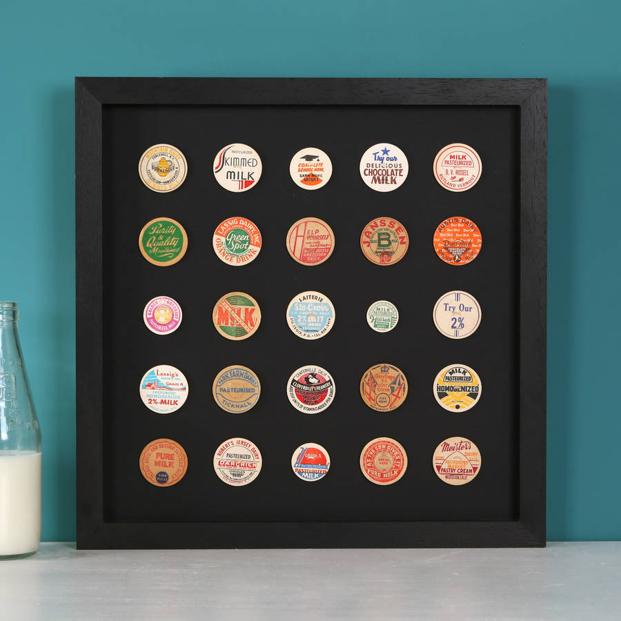 original vintage milk bottle top collage framed artwork by bombus