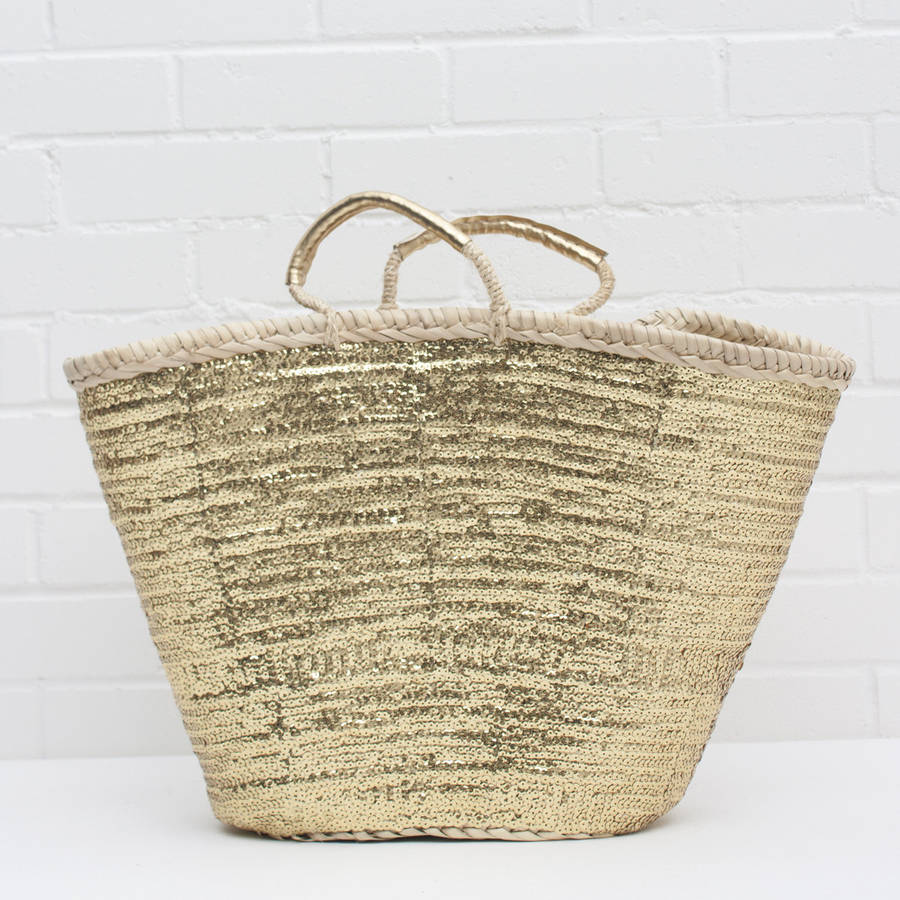 hand woven palm leaf moroccan sequin basket by ella james