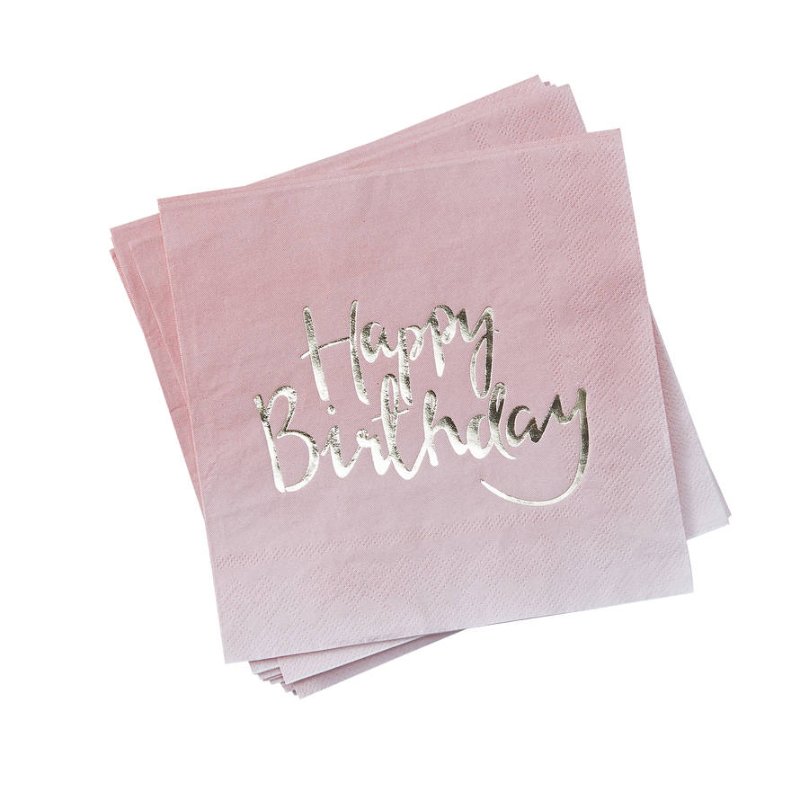 Pink Ombre And Gold Foiled Happy Birthday Paper Napkins By Ginger Ray