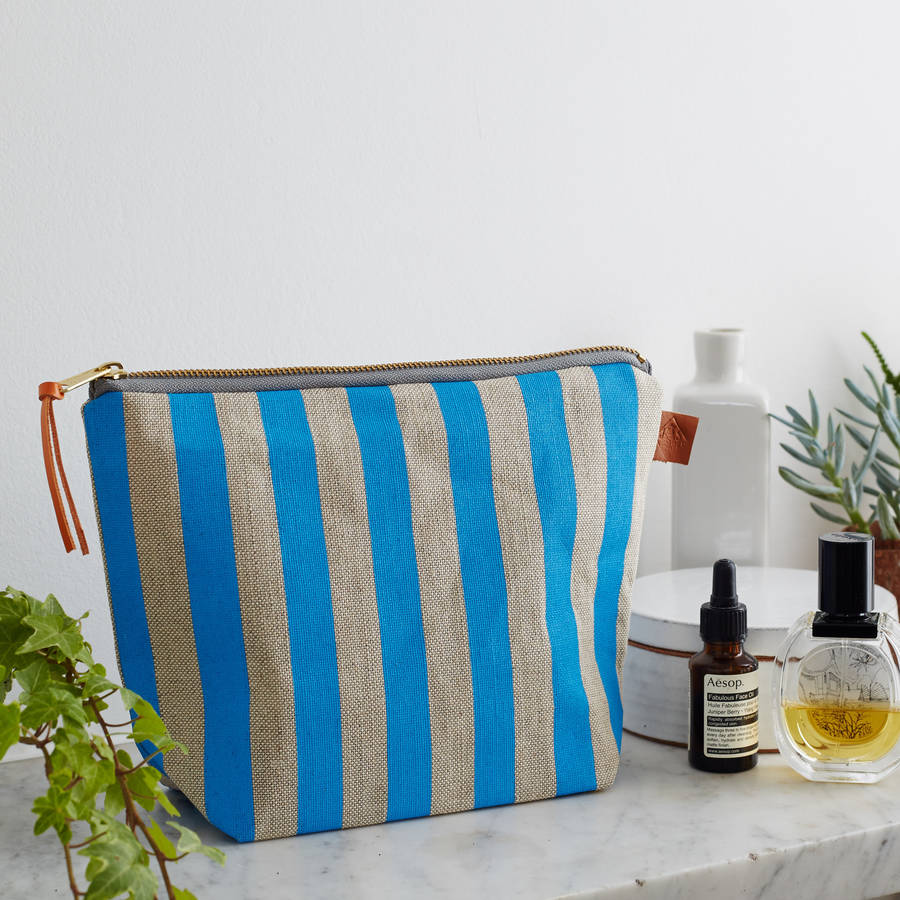 deckchair blue striped linen wash bag by jenny sibthorp