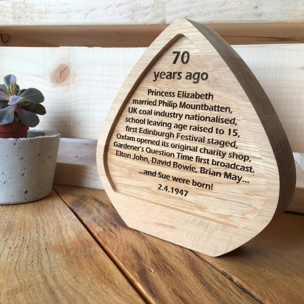 personalised oak 70th birthday anniversary award plaque by cleancut