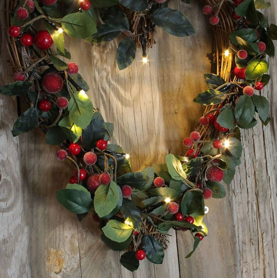 light up christmas heart shaped red berry wreath by ella james
