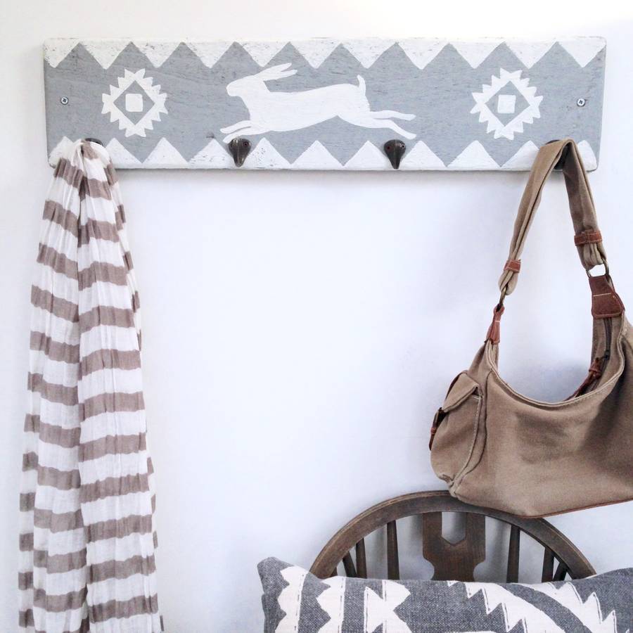 coat hooks with grey and white hare design by potting shed designs