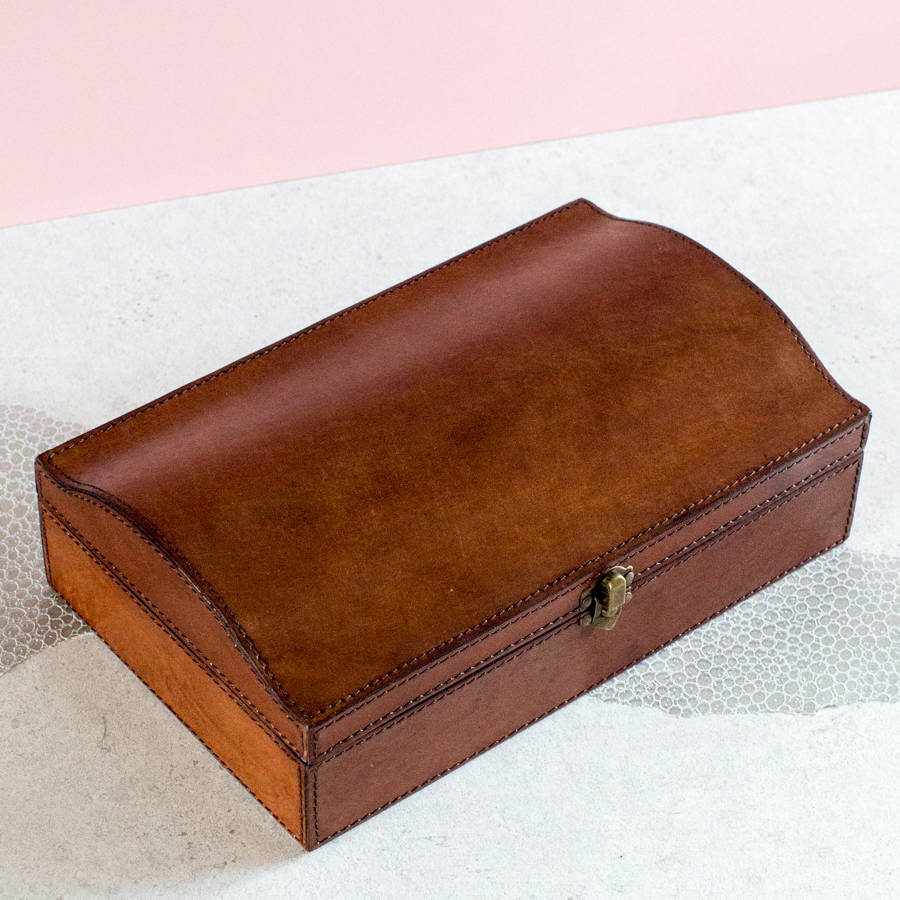 personalised curved leather jewellery box by ginger rose