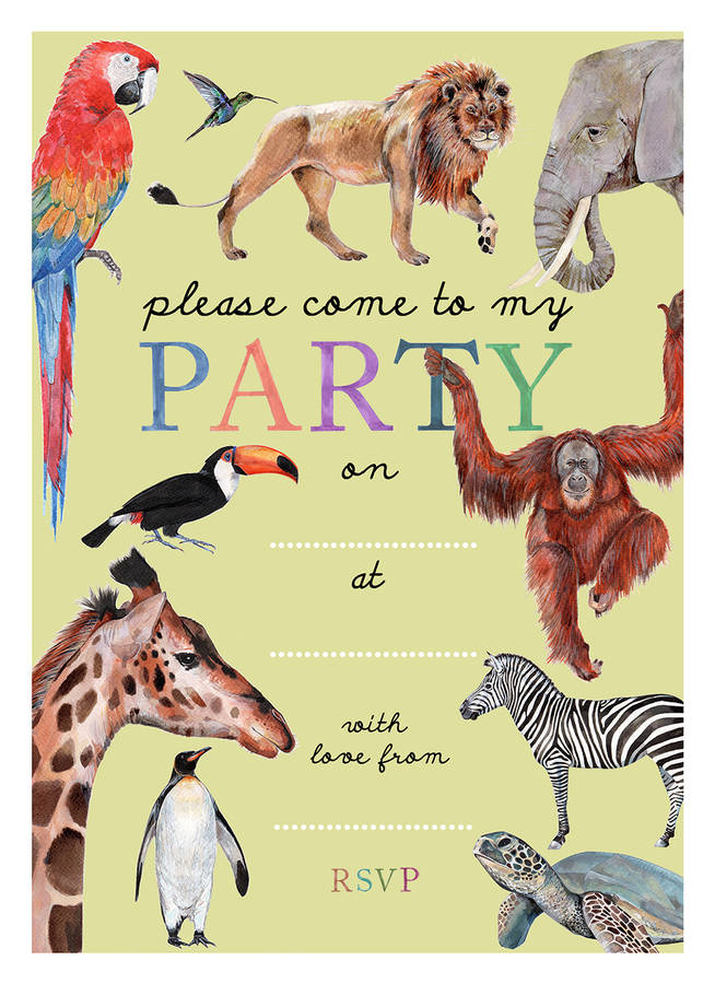 pack of ten animal zoo party invitations by naomi stay