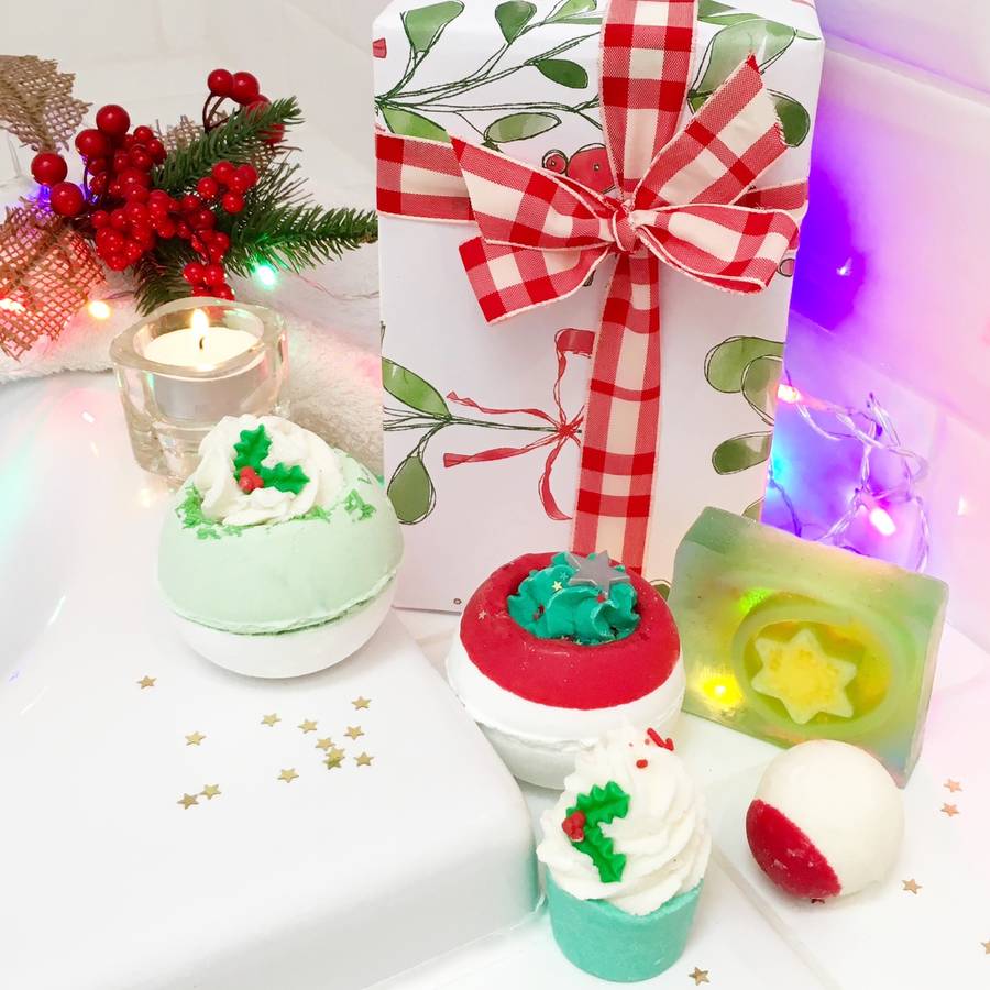 christmas bath bombs and luxury soap gift set by pink