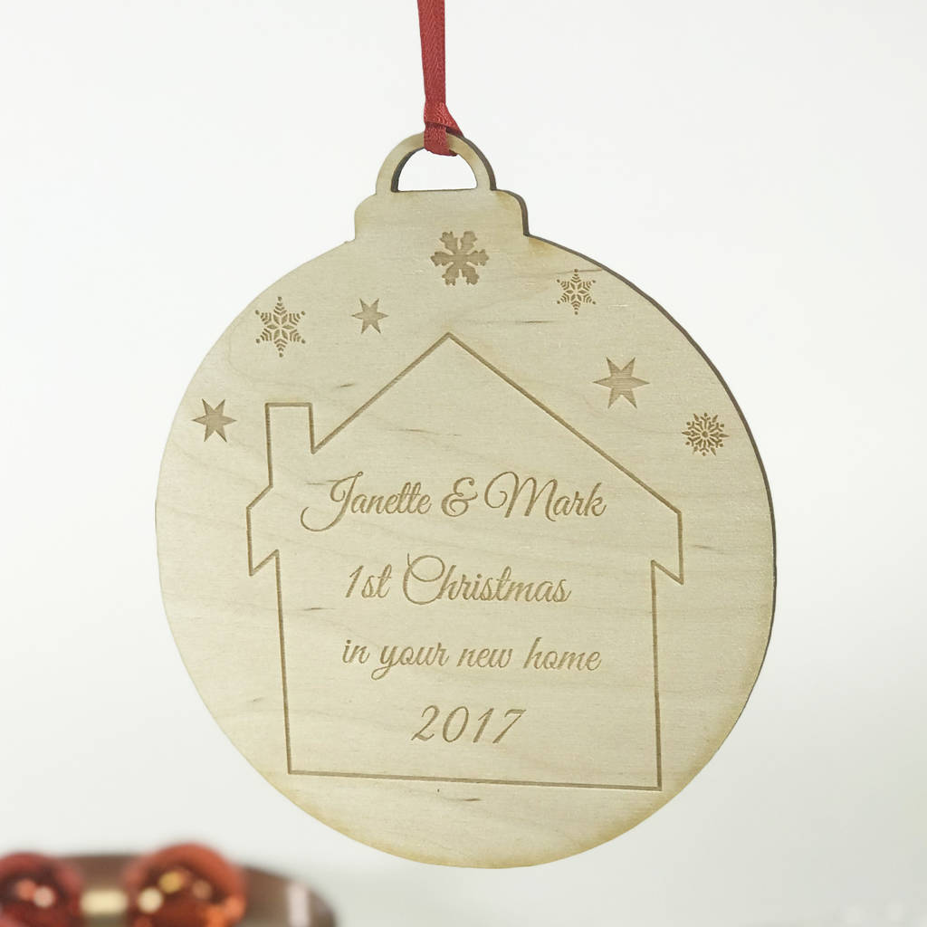 personalised 1st christmas new home wooden bauble by hickory dickory