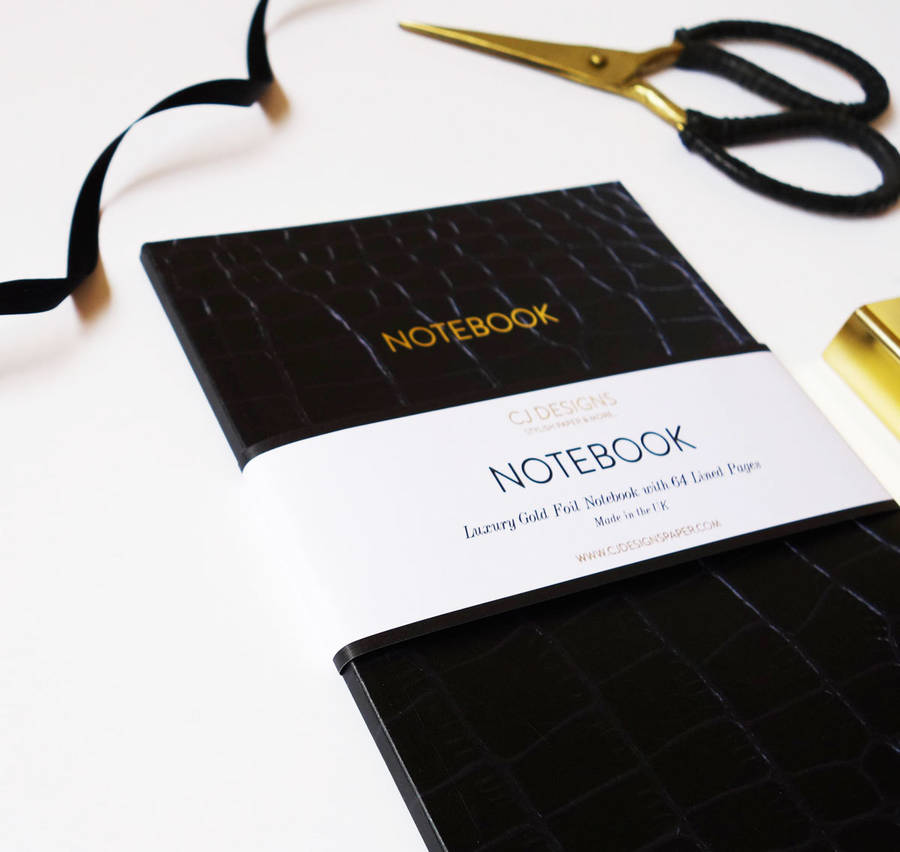 leather effect a5 gold foil notebook by cj designs
