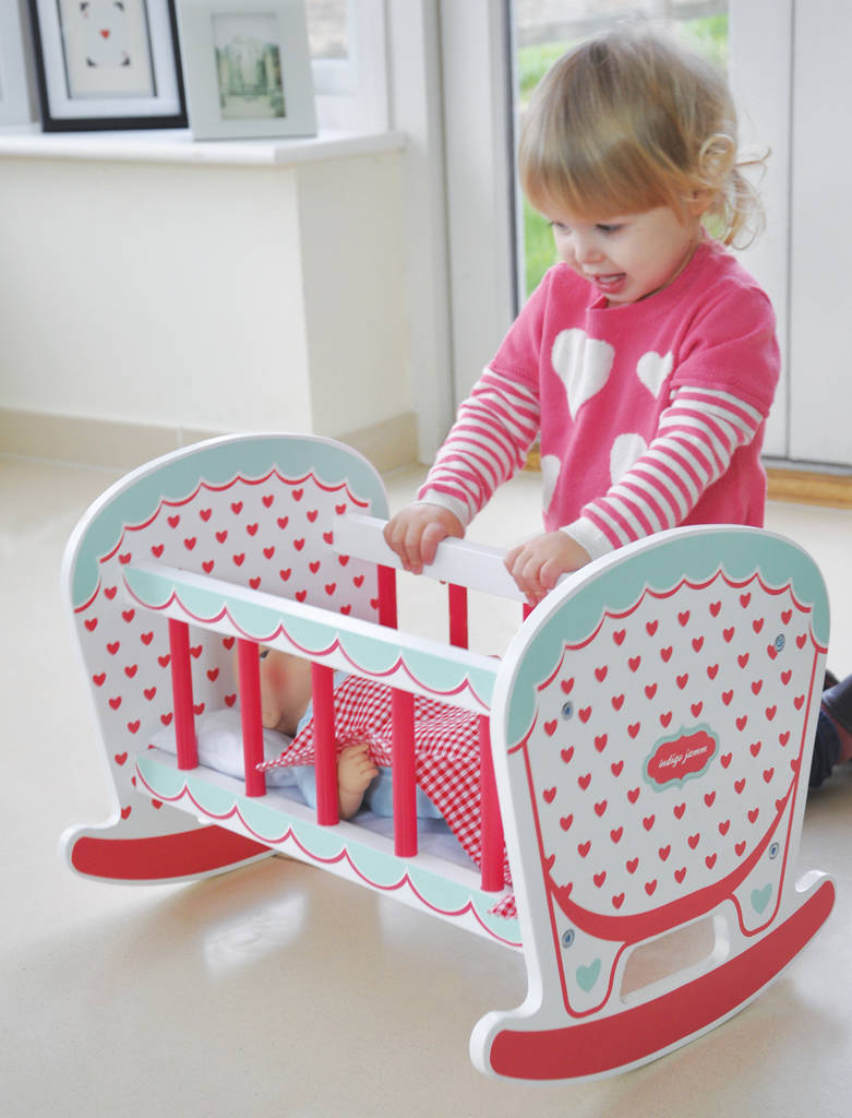 role play rocking cot with heart motif by jammtoys wooden toys