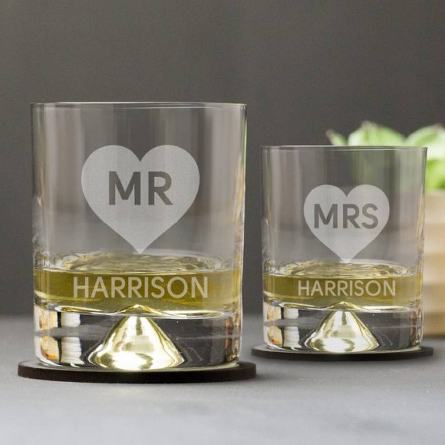 mr and mrs personalised tumbler glass set by chalk & cheese