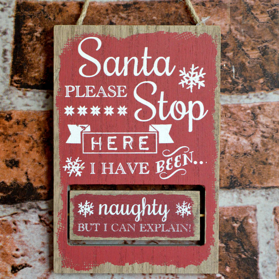 'santa Please Stop Here' Wooden Christmas Decoration By Pink And 