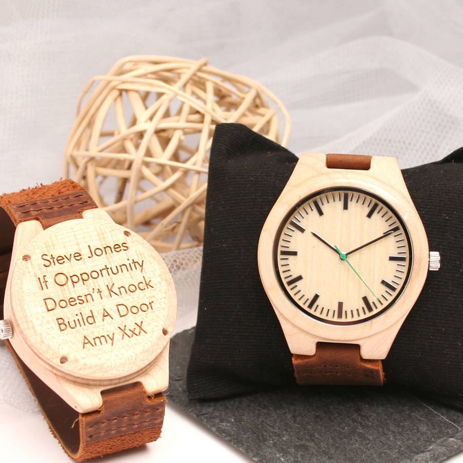 personalised maple wrist watch with engraved message by