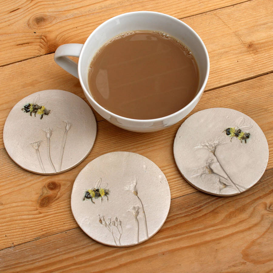 Bumble Bee And Wild Flower Ceramic Coasters By Juliet Reeves Designs