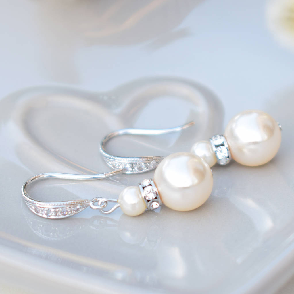 round pearl and crystal fish hook earrings by katherine swaine