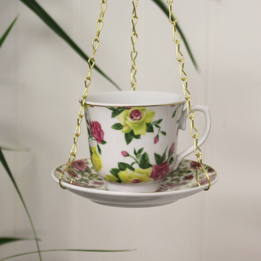 china teacup and saucer hanging bird feeder by garden selections