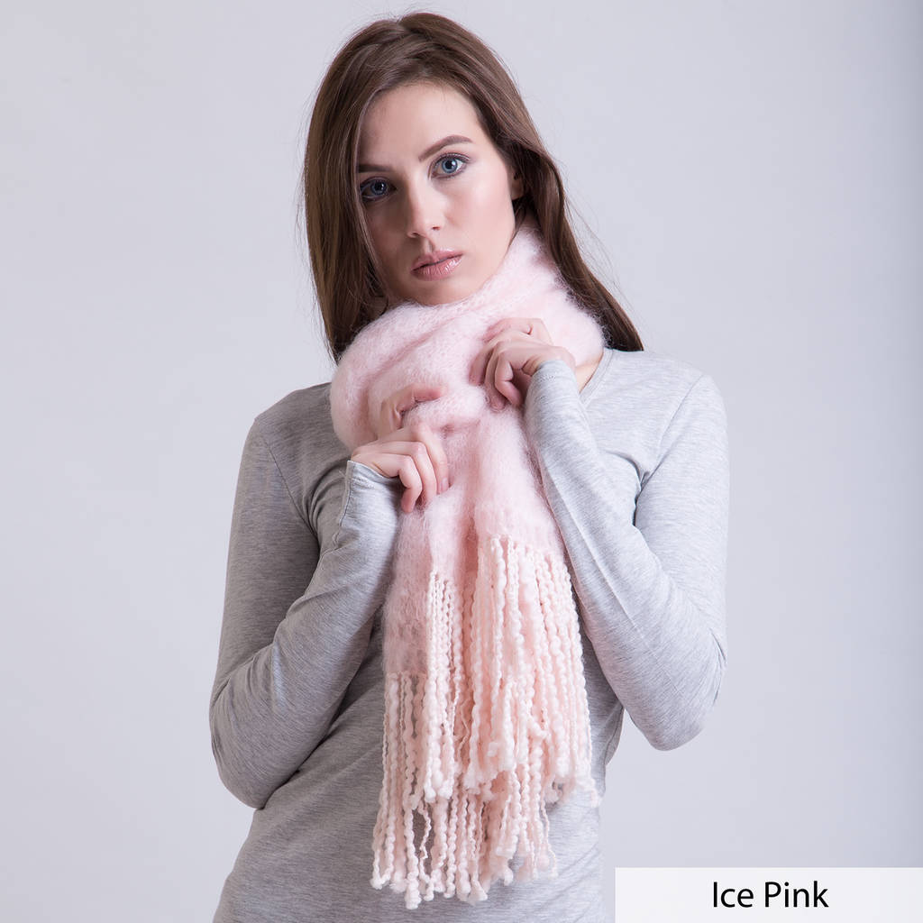 luxury fluffy mohair scarf with wool tassels by archer and maiden